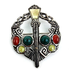 Sol d’or of Ireland Silver Tone Celtic Brooch Celtic Signed 2 inch Faux Gemstone